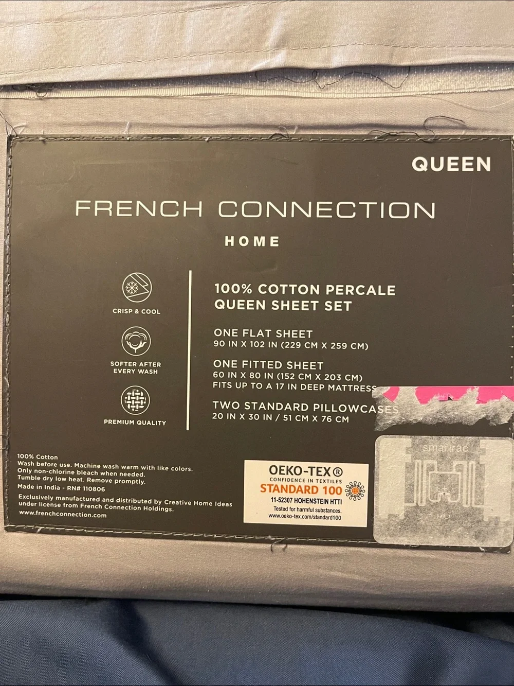 French Connection 100% Cotton Percale Queen Sheet Set - Light Gray